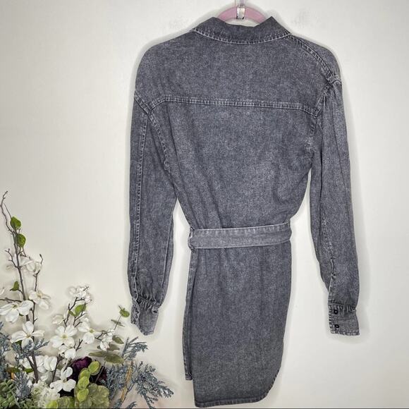 AVEC LES FILLES Denim Tie Waist Shirt Dress Acid Wash Black Gray {AA9} - Picture 3 of 4